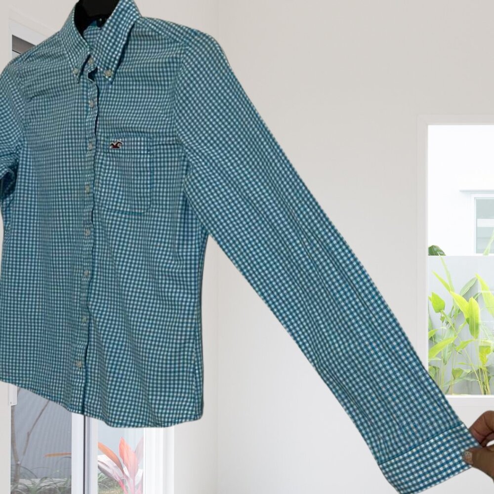 2 for $15 Hollister Aqua Blue & White Check Button Down Shirt – Size Medium - Picture 5 of 10